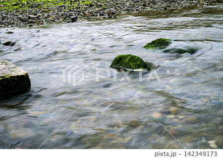清流の中で滑らかに流れる水面と鮮やかな苔が生えた岩の水の景観 142349173