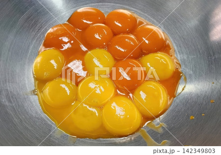 Fresh Orange and Yellow Raw Egg Yolks in a Metal Bowl Fresh Orange and Yellow Raw Egg Yolks in a Metal Bowl 142349803