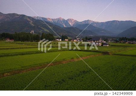 夏の白馬の美しい朝 長野県白馬村(ドローンによる空撮) 夏の白馬の美しい朝 長野県白馬村(ドローンによる空撮) 142349909