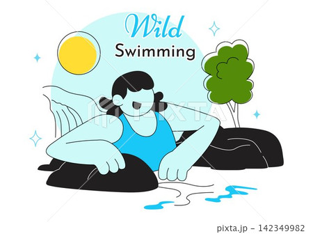 Wild Swimming Vector Illustration Featuring Outdoor Adventure, Natural Waterfall, Mountain Lake, Refreshing Summer Activity and Leisure Lifestyle 142349982