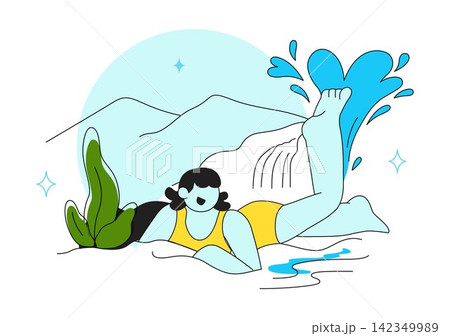 Wild Swimming Vector Illustration Featuring Outdoor Adventure, Natural Waterfall, Mountain Lake, Refreshing Summer Activity and Leisure Lifestyle Wild Swimming Vector Illustration Featuring Outdoor Adventure, Natural Waterfall, Mountain Lake, Refreshing Summer Activity and Leisure Lifestyle 142349989