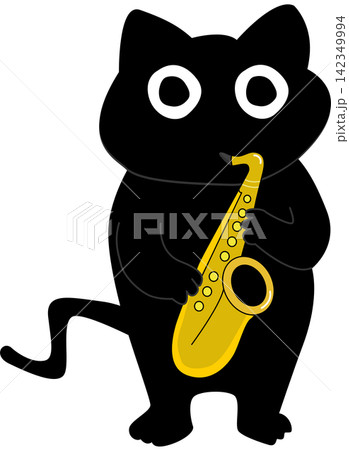 Cartoon Black Cat Playing Saxophone Cartoon Black Cat Playing Saxophone 142349994