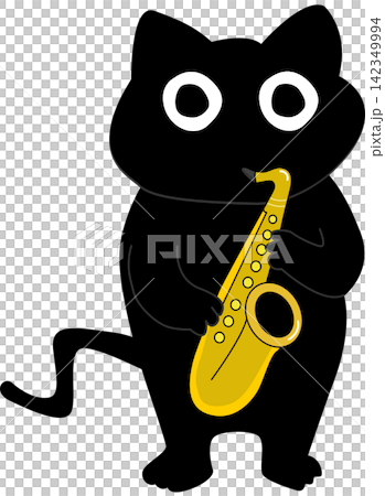 Cartoon Black Cat Playing Saxophone Cartoon Black Cat Playing Saxophone 142349994