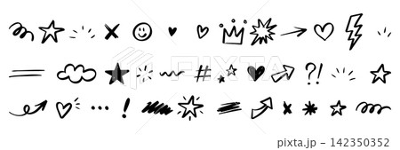 Hand drawn doodle element collection with stars hearts arrows crown smiley face and scribble lines isolated on white background Hand drawn doodle element collection with stars hearts arrows crown smiley face and scribble lines isolated on white background 142350352