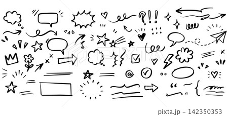 Hand drawn doodle element set with speech bubbles arrows hearts stars and decorative lines isolated on white background Hand drawn doodle element set with speech bubbles arrows hearts stars and decorative lines isolated on white background 142350353