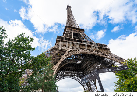 Low angle view of eiffel tower framed by green trees under blue sky in paris france Low angle view of eiffel tower framed by green trees under blue sky in paris france 142350416