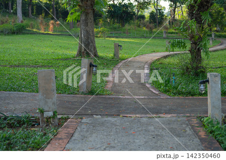 Curving pedestrian pathway through a lush tropical garden with green lawn, mature trees and outdoor lights. Walking, recreation, landscape design and peaceful public space. Sustainable outdoor design. 142350460