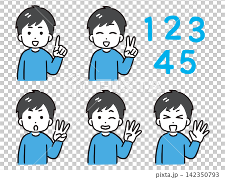 一位身著休閒服的年輕男子麵帶微笑,用手比劃著數字 1 到 5。 一位身著休閒服的年輕男子麵帶微笑,用手比劃著數字 1 到 5。 142350793