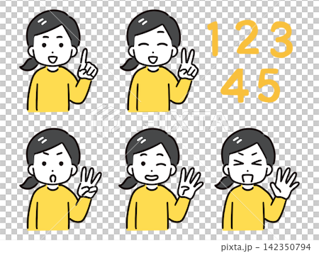 A smiling young woman in casual clothes making hand signs for 1 through 5. A smiling young woman in casual clothes making hand signs for 1 through 5. 142350794
