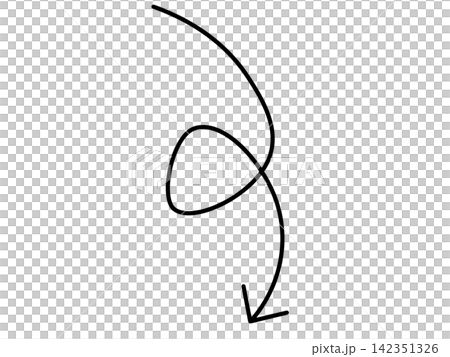 An arrow that curves downwards. 142351326