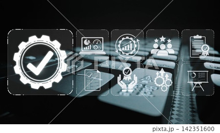 Visual representation of success in a digital environment, featuring a checkmark and various icons symbolizing teamwork, analytics, and project management on a sleek keyboard background. Sigmoid Visual representation of success in a digital environment, featuring a checkmark and various icons symbolizing teamwork, analytics, and project management on a sleek keyboard background. Sigmoid 142351600