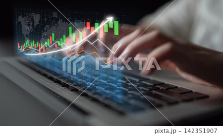 Hands Typing on Laptop with Stock Market Data Visualization, Growth Charts, and Financial Analytics in a Professional Workspace Environment Copula Hands Typing on Laptop with Stock Market Data Visualization, Growth Charts, and Financial Analytics in a Professional Workspace Environment Copula 142351907