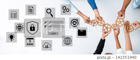 Hands Collaborating with Gears against Technology Icons, Representing Teamwork, Innovation, Security, and Data Management in a Digital World Gantry Hands Collaborating with Gears against Technology Icons, Representing Teamwork, Innovation, Security, and Data Management in a Digital World Gantry 142351940