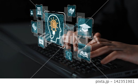 Engaging digital concept showcasing the intersection of technology and education, with a brain graphic and various educational icons representing modern learning pathways. Sigmoid 142351981