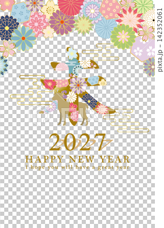 2027羊年新年賀卡模板，採用日式花卉圖案。 142352061