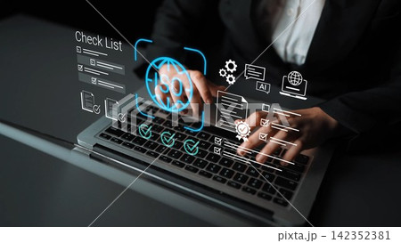 Hands of a Business Professional Typing on Laptop with Digital Check List and Icons Illustrating Online SEO Tools and Technology in Background Gluon 142352381