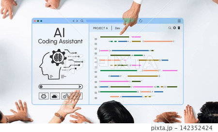 Interactive Workspace Featuring AI Coding Assistant Interface with Diverse Hands Engaging in Collaborative Programming Session and Focused Teamwork on Innovative Software Development. Entropy Interactive Workspace Featuring AI Coding Assistant Interface with Diverse Hands Engaging in Collaborative Programming Session and Focused Teamwork on Innovative Software Development. Entropy 142352424