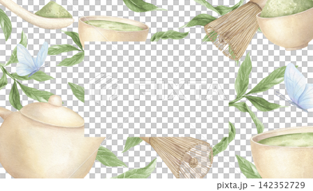 Watercolor matcha tea rectangle border on isolated background. Teapot, bowls, bamboo whisk, green leaves, and blue butterflies frame. Natural wellness and Japanese tea ceremony concept. 142352729
