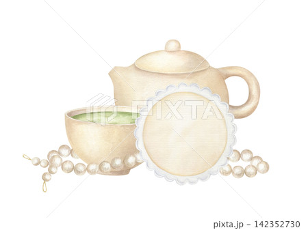 Ceramic teapot and bowl of green matcha tea, pearl bead mala, and round lace doily label. Watercolor illustration on isolated background. Cozy ritual design for wellness branding, Zen tea decor, Ceramic teapot and bowl of green matcha tea, pearl bead mala, and round lace doily label. Watercolor illustration on isolated background. Cozy ritual design for wellness branding, Zen tea decor, 142352730
