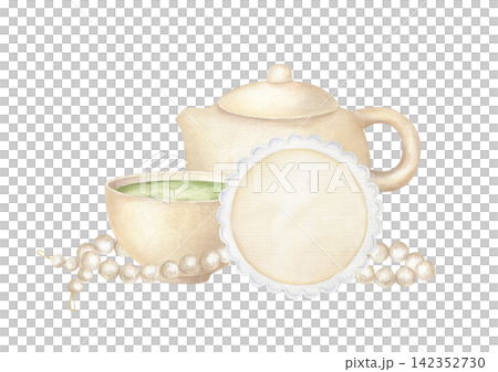 Ceramic teapot and bowl of green matcha tea, pearl bead mala, and round lace doily label. Watercolor illustration on isolated background. Cozy ritual design for wellness branding, Zen tea decor, Ceramic teapot and bowl of green matcha tea, pearl bead mala, and round lace doily label. Watercolor illustration on isolated background. Cozy ritual design for wellness branding, Zen tea decor, 142352730