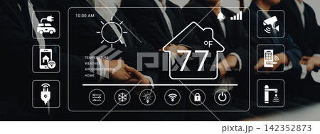 Modern Home Automation Interface Displaying Temperature, Weather, and Security Features with Professionals in Suits in the Background. Glyphic Modern Home Automation Interface Displaying Temperature, Weather, and Security Features with Professionals in Suits in the Background. Glyphic 142352873