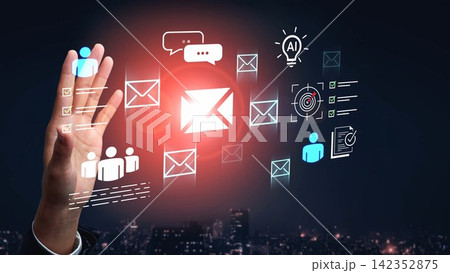 Futuristic Hand Gesture with Email Icons and Digital Symbols Representing Communication, Technology, and Artificial Intelligence in Urban Night Setting Gluon 142352875