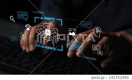 Hands Using Keyboard with AI Agents Interactions and Digital Icons Representing Artificial Intelligence and Technology in Dark Environment Gluon Hands Using Keyboard with AI Agents Interactions and Digital Icons Representing Artificial Intelligence and Technology in Dark Environment Gluon 142352940