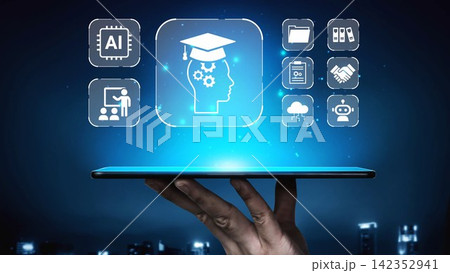Futuristic Learning Concepts with Artificial Intelligence and Technology Icons for Education and E-learning Platforms in a Modern Digital Environment Gluon 142352941