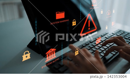 Modern Computer Screen Displaying System Warnings and Alerts with a Hands Typing on Keyboard in a Bright Office Environment Gluon Modern Computer Screen Displaying System Warnings and Alerts with a Hands Typing on Keyboard in a Bright Office Environment Gluon 142353004
