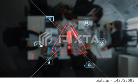 Cybersecurity Alert with Digital Lock Icons and Warning Signs in Office Meeting Context Among Colleagues Discussing Important Data Protection Issues. Raster Cybersecurity Alert with Digital Lock Icons and Warning Signs in Office Meeting Context Among Colleagues Discussing Important Data Protection Issues. Raster 142353095