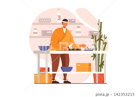 Cooking and restaurant web concept in flat design. Sushi chef prepares dish of Asian cuisine standing at table in kitchen. Culinary art and professional staff. Vector illustration with people scene 142353215