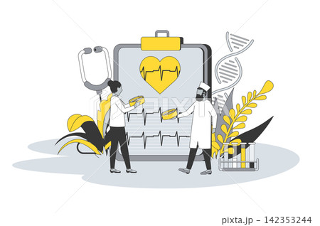 Healthcare and medicine concept in flat line design. People visit medical clinic, doctor consults patient, appointment and treatment in cardiology. Vector illustration with outline scene for web Healthcare and medicine concept in flat line design. People visit medical clinic, doctor consults patient, appointment and treatment in cardiology. Vector illustration with outline scene for web 142353244