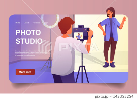 Photo studio concept in cartoon design for landing page. Woman model posing for photographer. Man with photo camera makes creative shooting in studio. Vector illustration with people for web homepage Photo studio concept in cartoon design for landing page. Woman model posing for photographer. Man with photo camera makes creative shooting in studio. Vector illustration with people for web homepage 142353254