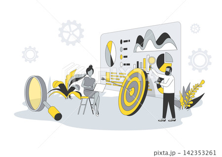 SEO optimization concept in flat line design. People analyze data, settings site for search engines, selects keywords, optimizes for popular queries. Vector illustration with outline scene for web SEO optimization concept in flat line design. People analyze data, settings site for search engines, selects keywords, optimizes for popular queries. Vector illustration with outline scene for web 142353261