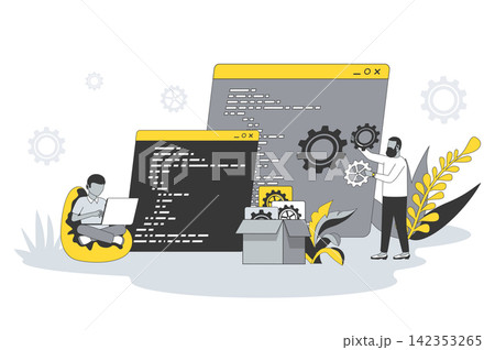 Software development concept in flat line design. People write code, settings and testing, developing programs and applications, working at IT industry. Vector illustration with outline scene for web Software development concept in flat line design. People write code, settings and testing, developing programs and applications, working at IT industry. Vector illustration with outline scene for web 142353265