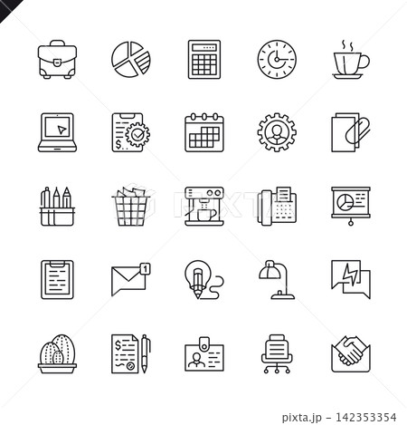 Thin line office icons set for website and mobile site and apps. Outline icons design. 48x48 Pixel Perfect. Linear pictogram pack. Vector illustration. 142353354