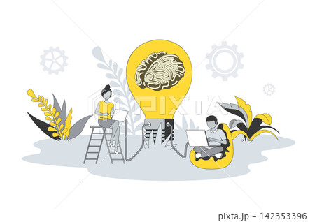 Brainstorming concept in flat line design. People generate creative new ideas, working and discuss, collaborate and communicate at business meeting. Vector illustration with outline scene for web Brainstorming concept in flat line design. People generate creative new ideas, working and discuss, collaborate and communicate at business meeting. Vector illustration with outline scene for web 142353396