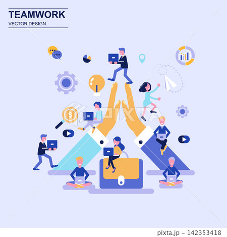 Teamwork and business flat design concept blue style with decorated small people character. Teamwork and business flat design concept blue style with decorated small people character. 142353418