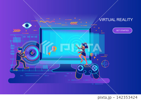 Modern gradient flat line concept web banner of virtual reality with decorated small people character. Landing page template. Modern gradient flat line concept web banner of virtual reality with decorated small people character. Landing page template. 142353424