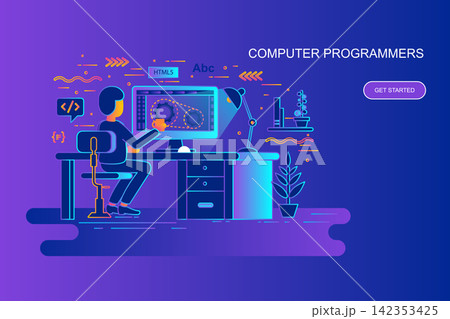 Modern gradient flat line concept web banner of computer programmers with decorated small people character. Landing page template. Modern gradient flat line concept web banner of computer programmers with decorated small people character. Landing page template. 142353425