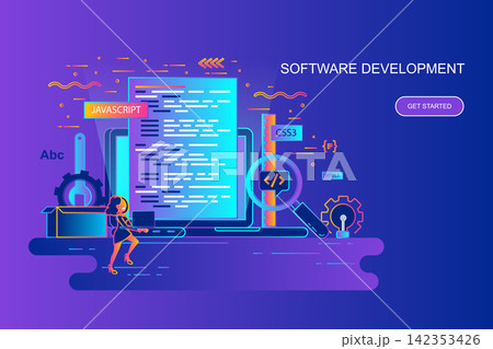 Modern gradient flat line concept web banner of software development with decorated small people character. Landing page template. Modern gradient flat line concept web banner of software development with decorated small people character. Landing page template. 142353426