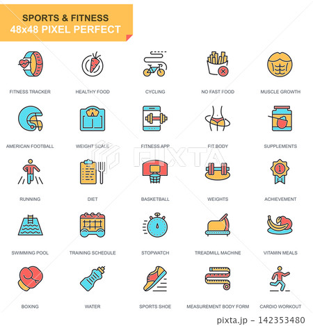Flat line sports and fitness icons set for website and mobile site and apps. Contains such Icons as Fit Body, Swimming, Fitness, Supplements. 48x48 Pixel Perfect. Pictogram pack. Vector illustration. Flat line sports and fitness icons set for website and mobile site and apps. Contains such Icons as Fit Body, Swimming, Fitness, Supplements. 48x48 Pixel Perfect. Pictogram pack. Vector illustration. 142353480