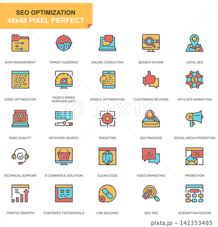 Flat line seo and web optimization icons set for website and mobile site and apps. Contains such Icons as Target, Marketing, Traffic Growth. 48x48 Pixel Perfect. Pictogram pack. Vector illustration. Flat line seo and web optimization icons set for website and mobile site and apps. Contains such Icons as Target, Marketing, Traffic Growth. 48x48 Pixel Perfect. Pictogram pack. Vector illustration. 142353485
