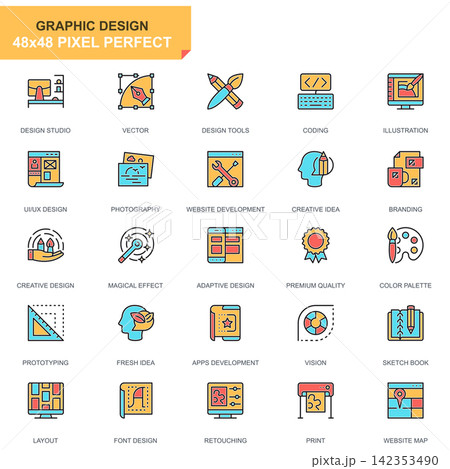 Flat line web and graphic design icons set for website and mobile site and apps. Contains such Icons as Studio, App Development, Retouching. 48x48 Pixel Perfect. Pictogram pack. Vector illustration. Flat line web and graphic design icons set for website and mobile site and apps. Contains such Icons as Studio, App Development, Retouching. 48x48 Pixel Perfect. Pictogram pack. Vector illustration. 142353490