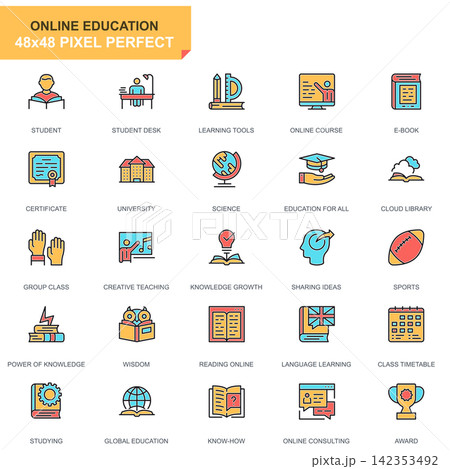 Flat line education and knowledge icons set for website and mobile site and apps. Contains such Icons as Course, University, Studying, Book. 48x48 Pixel Perfect. Pictogram pack. Vector illustration. Flat line education and knowledge icons set for website and mobile site and apps. Contains such Icons as Course, University, Studying, Book. 48x48 Pixel Perfect. Pictogram pack. Vector illustration. 142353492