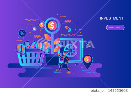 Modern gradient flat line concept web banner of investment and growth economy with decorated small people character. Landing page template. 142353608