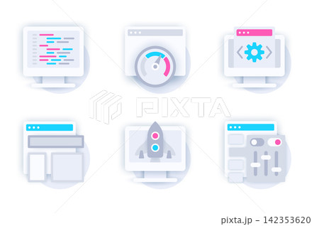 Web development concept of 3d paper icons set. Pack flat pictograms of programming, coding, traffic speed, settings, page layout, digital startup launch. Vector elements for mobile app and website Web development concept of 3d paper icons set. Pack flat pictograms of programming, coding, traffic speed, settings, page layout, digital startup launch. Vector elements for mobile app and website 142353620