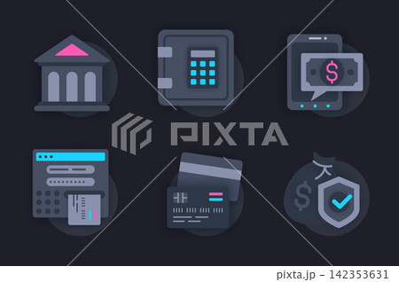 Banking web concept of 3d paper icons set. Pack flat pictograms of financial tools, money storage, savings, online transactions, cash withdrawals from ATM. Vector elements for website in dark style 142353631