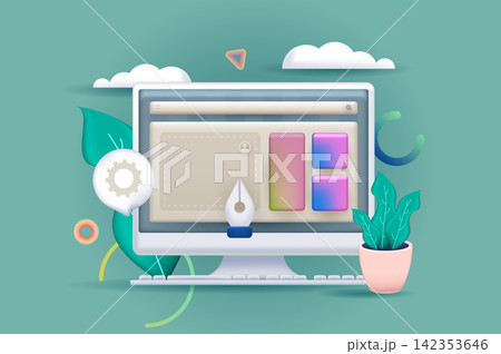 Web development concept 3D illustration. Icon composition with website layout development, content creation and placement, settings and optimization on screen. Vector illustration for modern design Web development concept 3D illustration. Icon composition with website layout development, content creation and placement, settings and optimization on screen. Vector illustration for modern design 142353646