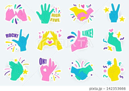 Hands gesture cute stickers set in flat cartoon design. Bundle of high five, holding hands, victory, rock, love, like, okey, applause and other. Vector illustration for planner or organizer template Hands gesture cute stickers set in flat cartoon design. Bundle of high five, holding hands, victory, rock, love, like, okey, applause and other. Vector illustration for planner or organizer template 142353666